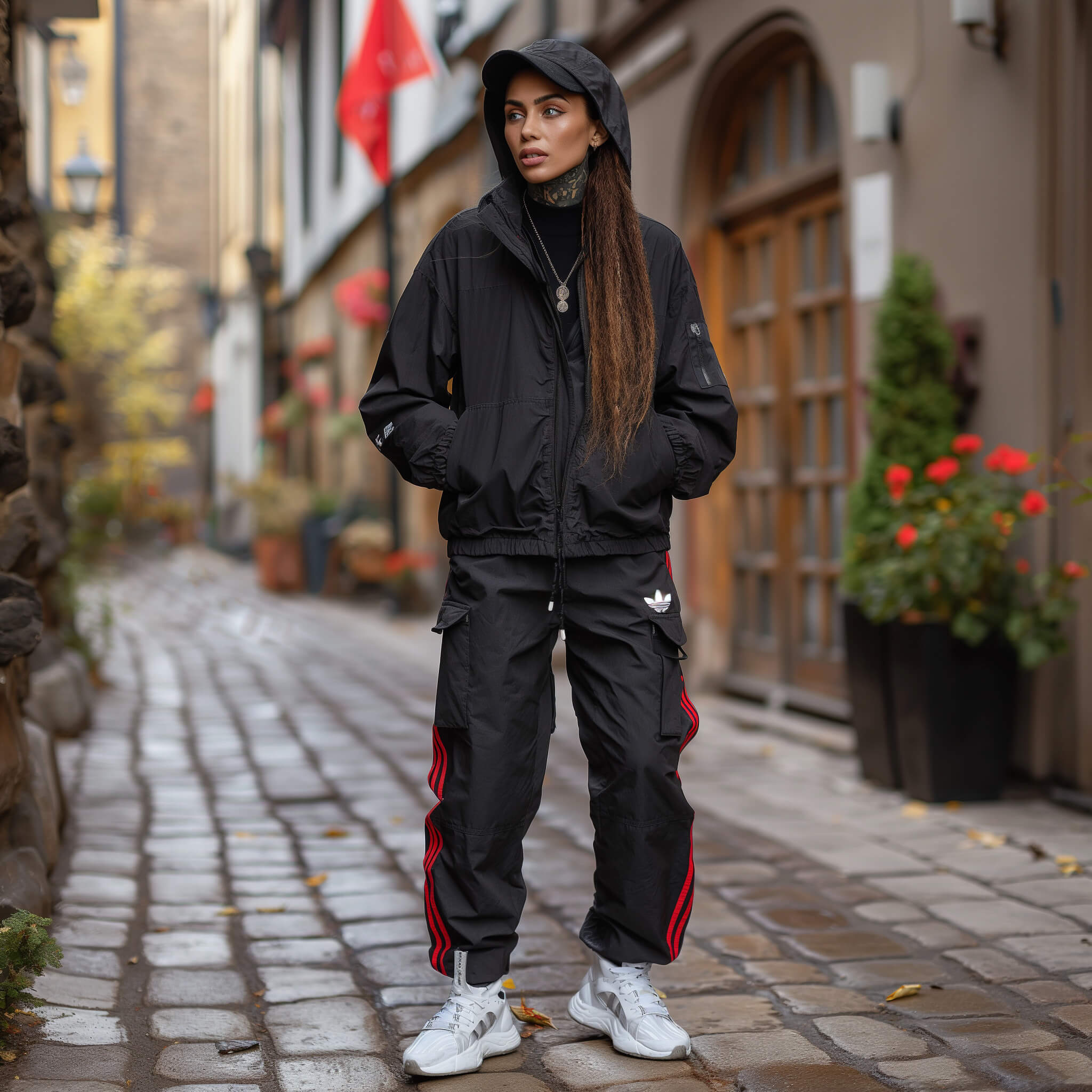 A woman wearing a customised black tracksuit with a peaked hood