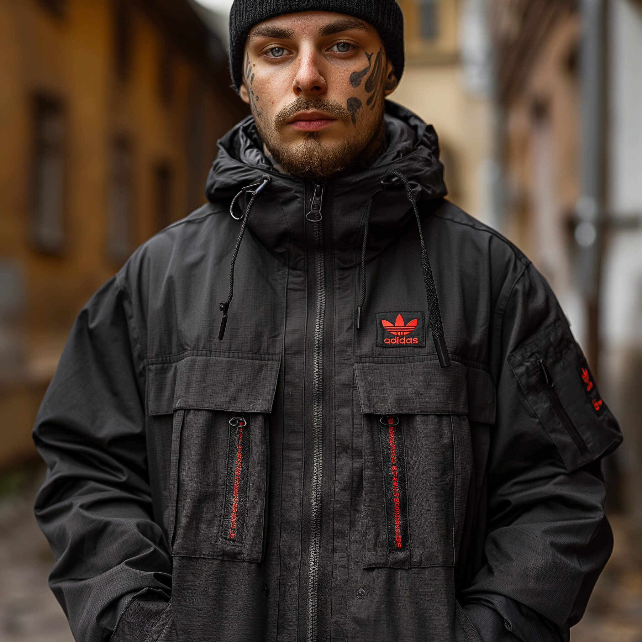 A man wearing a custom urban style jacket