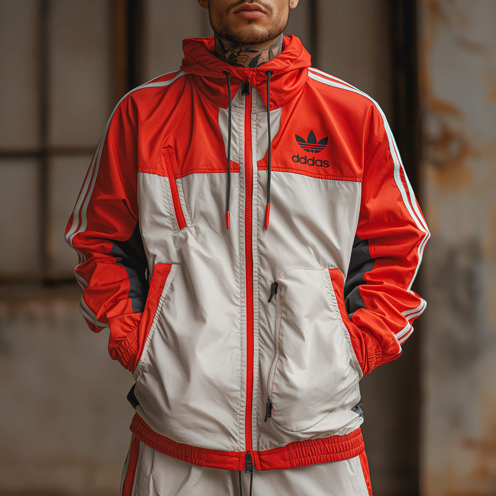 A man wearing an orange and white custom tracksuit with added pocket