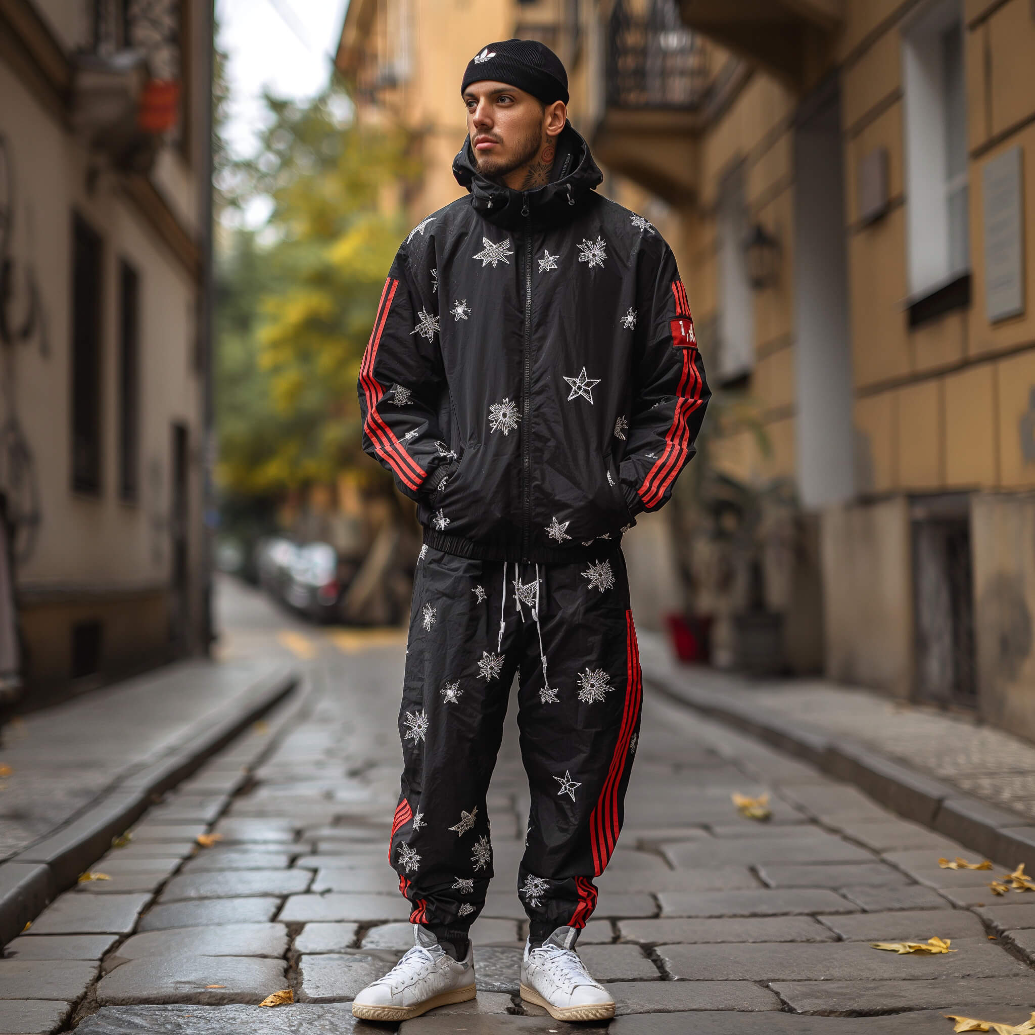 A man wearing a embroided customised fitted tracksuit