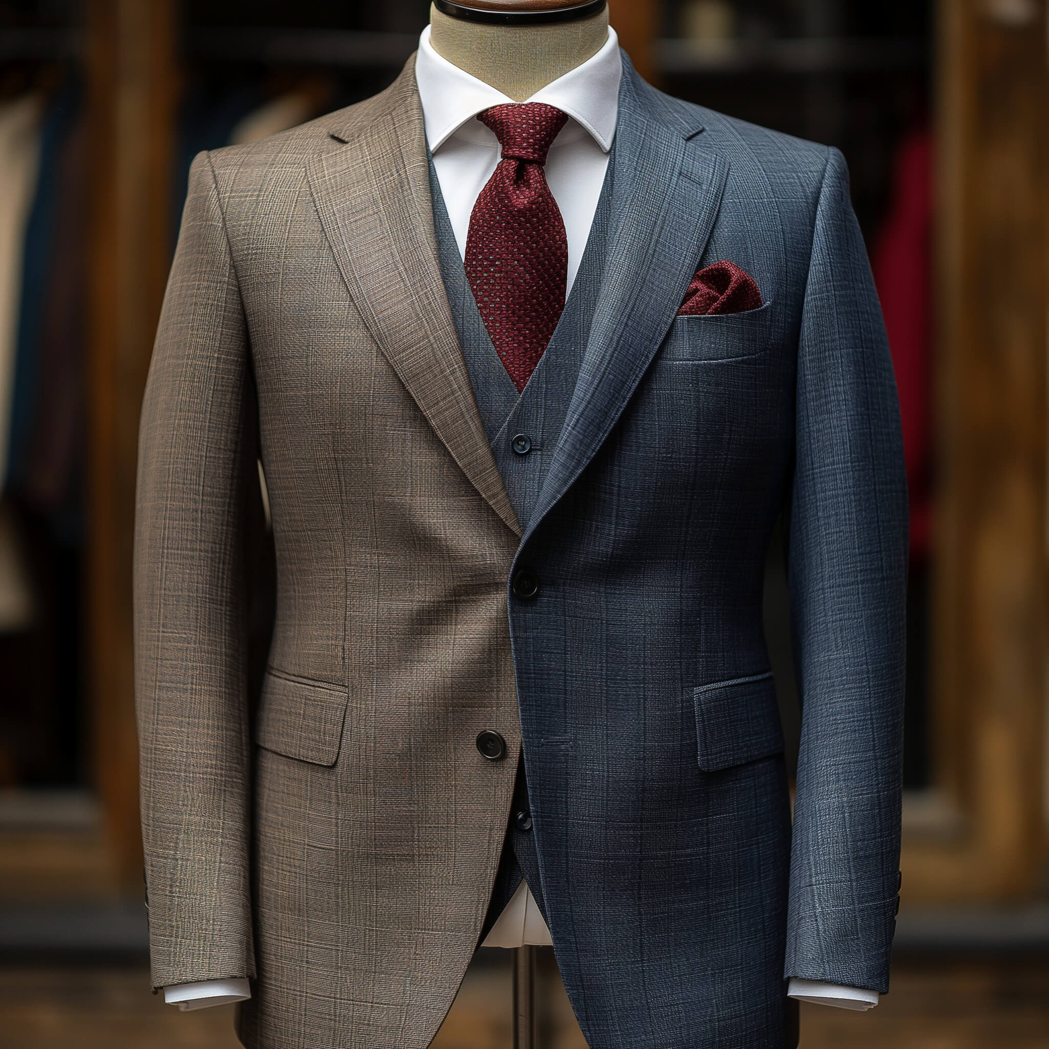 A custom designed two-tone tailored fitted suit jacket and tie